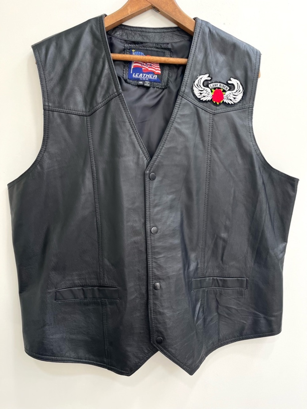 Vintage USA Leather Black Biker Vest Lady Rider Patch Snap Front Size Womens 4XL